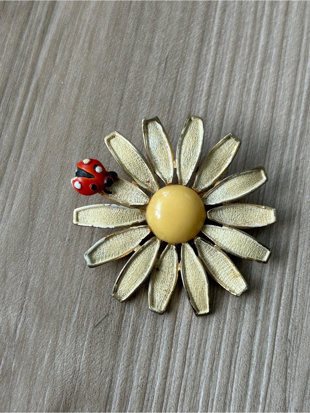 Albert Weiss Gold-Tone Daisy Brooch with Yellow Center and Red Ladybug Accent